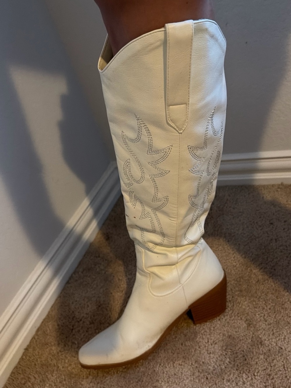 Amazon Cream Knee-High Western Block Heel Boots